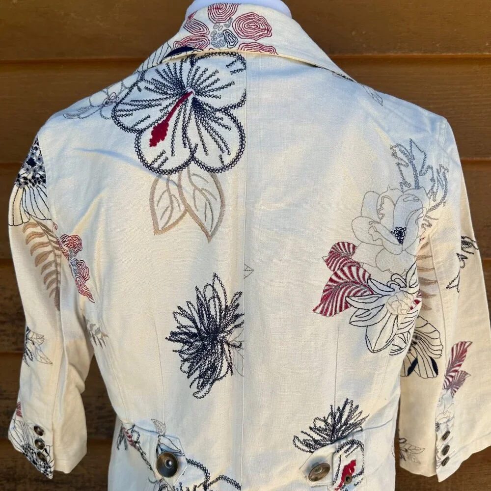 Vintage Multiples Embroidered Red Blue Cream Linen Blazer Size M - Picture 7 of 9